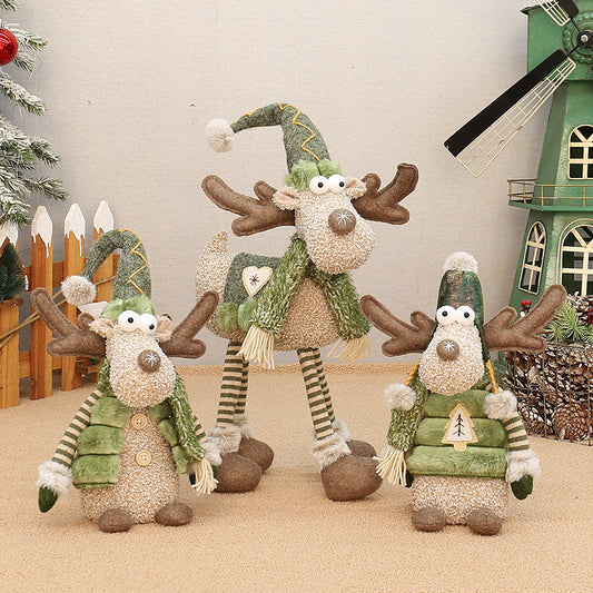 Green Fabric Long-nosed Reindeer Plush Christmas Scene Decoration Ornament