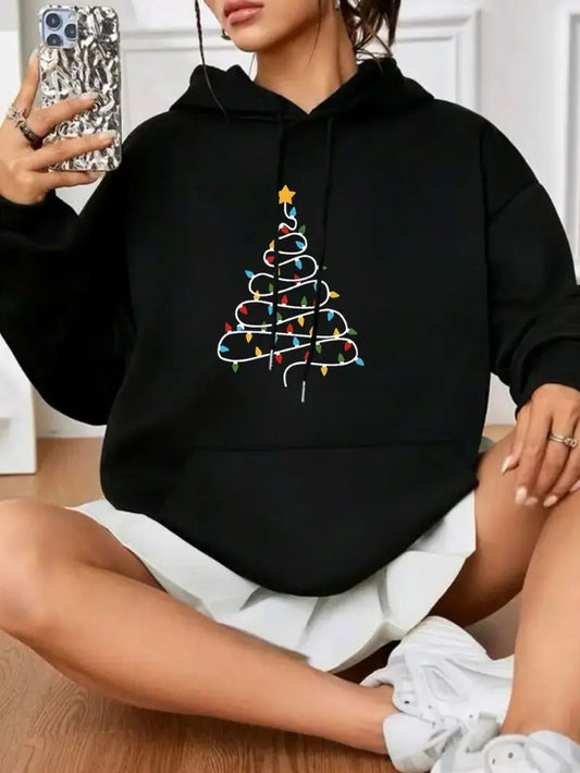 Women'S Casual Christmas Tree Graphic Hoodie With Drawstring  Seasonal Print Pullover For Spring Fall, Hooded Long Sleeve Sweatshirt With Festive Light Ornaments Pattern