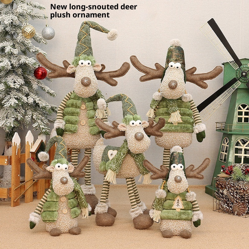 Green Fabric Long-nosed Reindeer Plush Christmas Scene Decoration Ornament